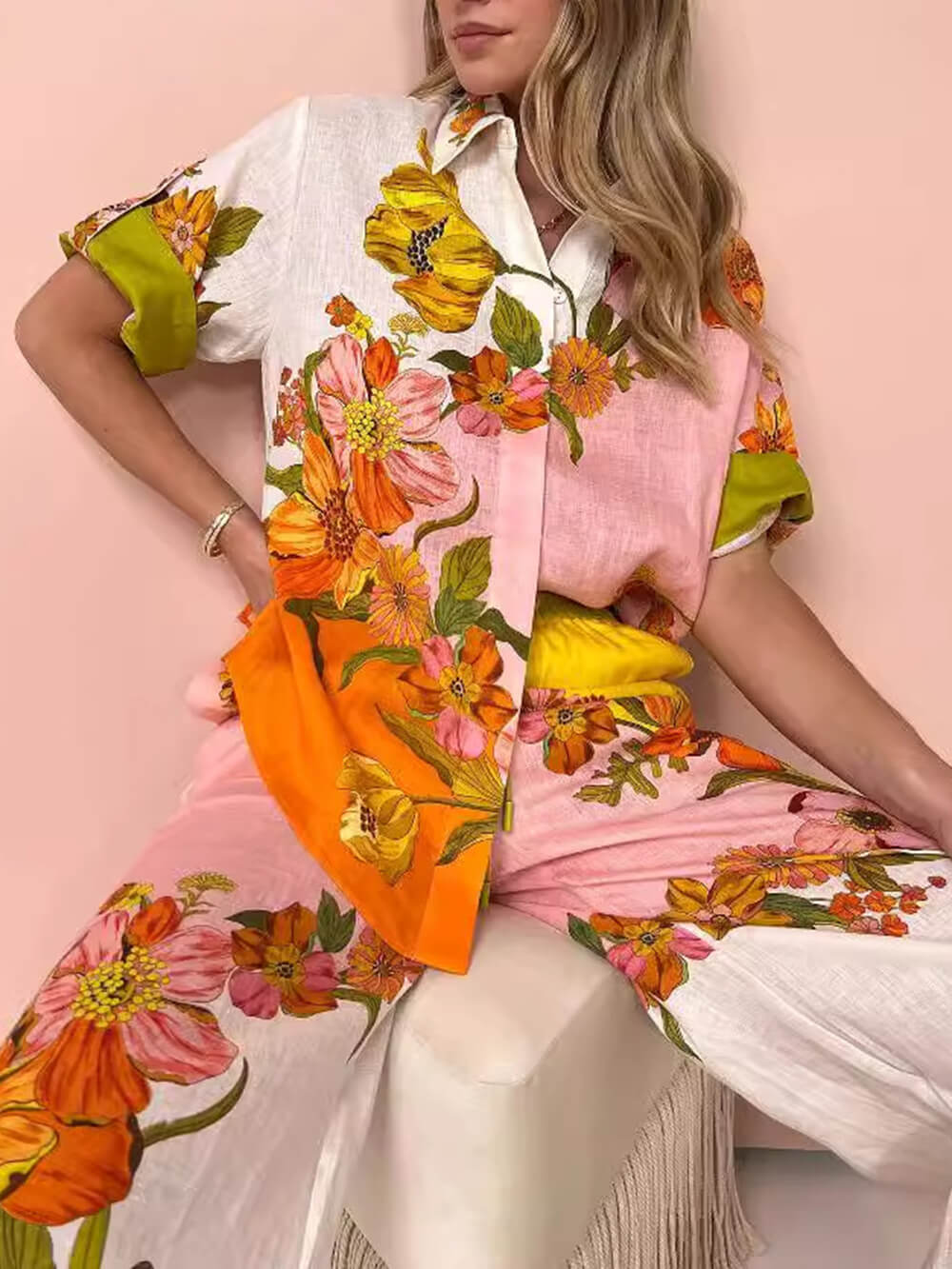 Sophisticated Modern Feel Unique Print Button Down Oversized Blouse