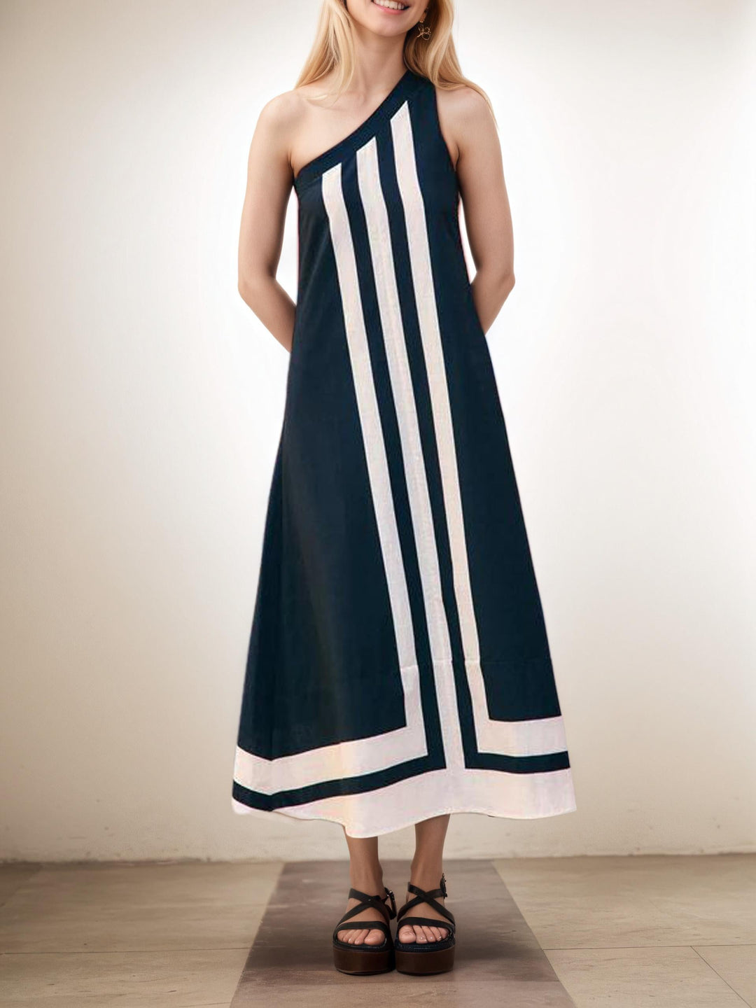 Asymmetrical Neckline Midi Dress
