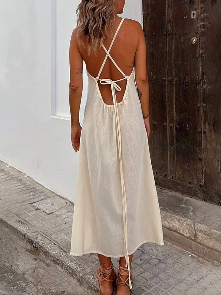 Summer Vacation Sleeveless Drawstring Backless Midi Dress