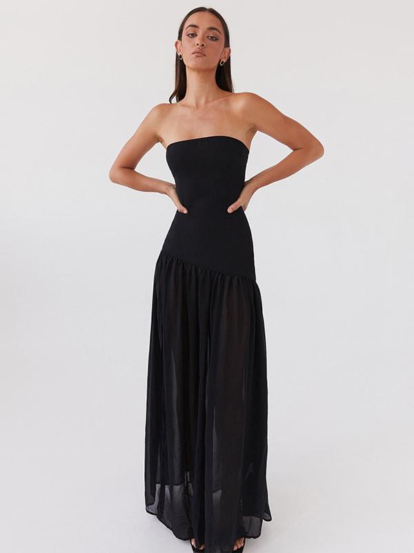 Solid Color Strapless High-Waist Split Hem Panelled Dress