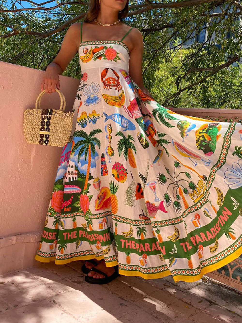 Unique Holiday Print Smocked Back Pocket Maxi Dress