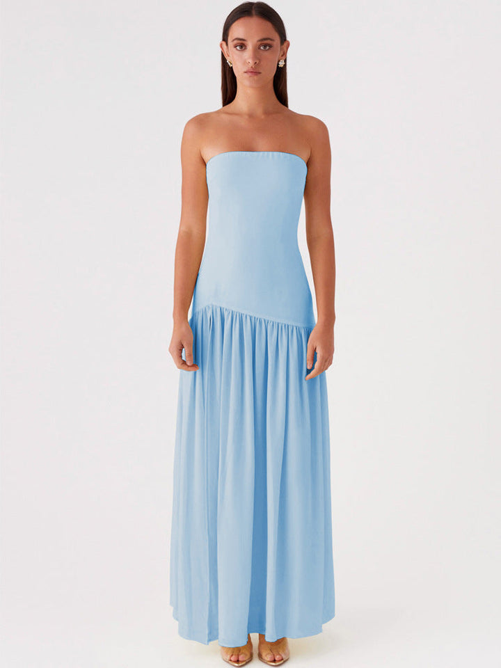 Solid Color Strapless High-Waist Split Hem Panelled Dress