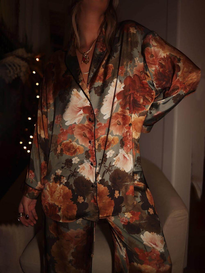 Modern Bouquet Unique Print Elastic Waist Pocketed Wide Leg Pants