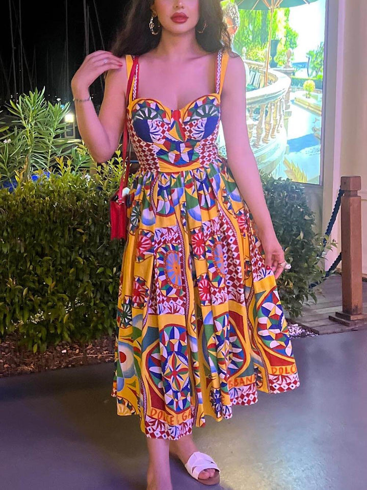Unique Sunset Walk Ethnic Pattern Print Backless Midi Dress