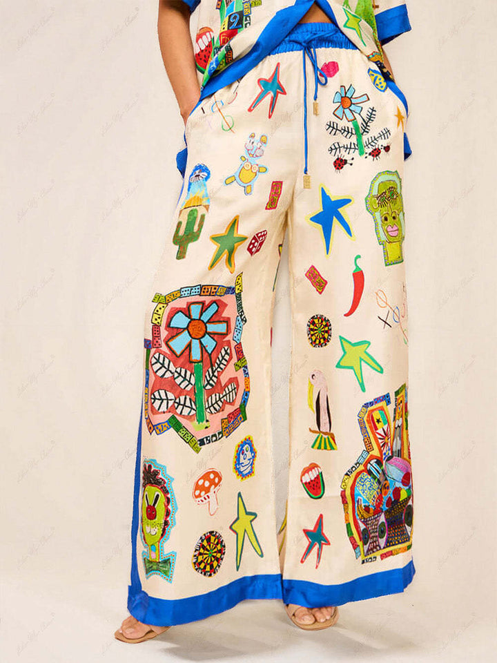 Personalized Printed Color Matching Holiday Casual Lace Wide-Leg Pants