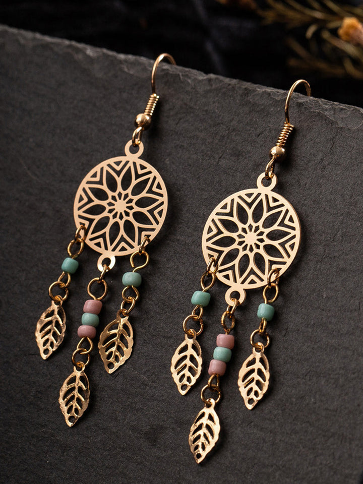 Boho Earrings - Floral Circle Beaded Tassel Leaves