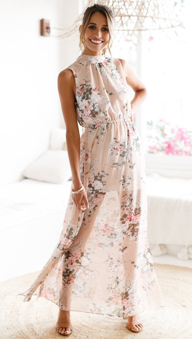 Floral Print Halter Dress In Pink Smoke
