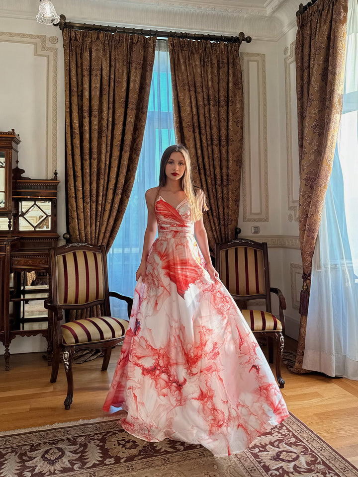 Strappy Floral Patterned Red Long Evening Dress