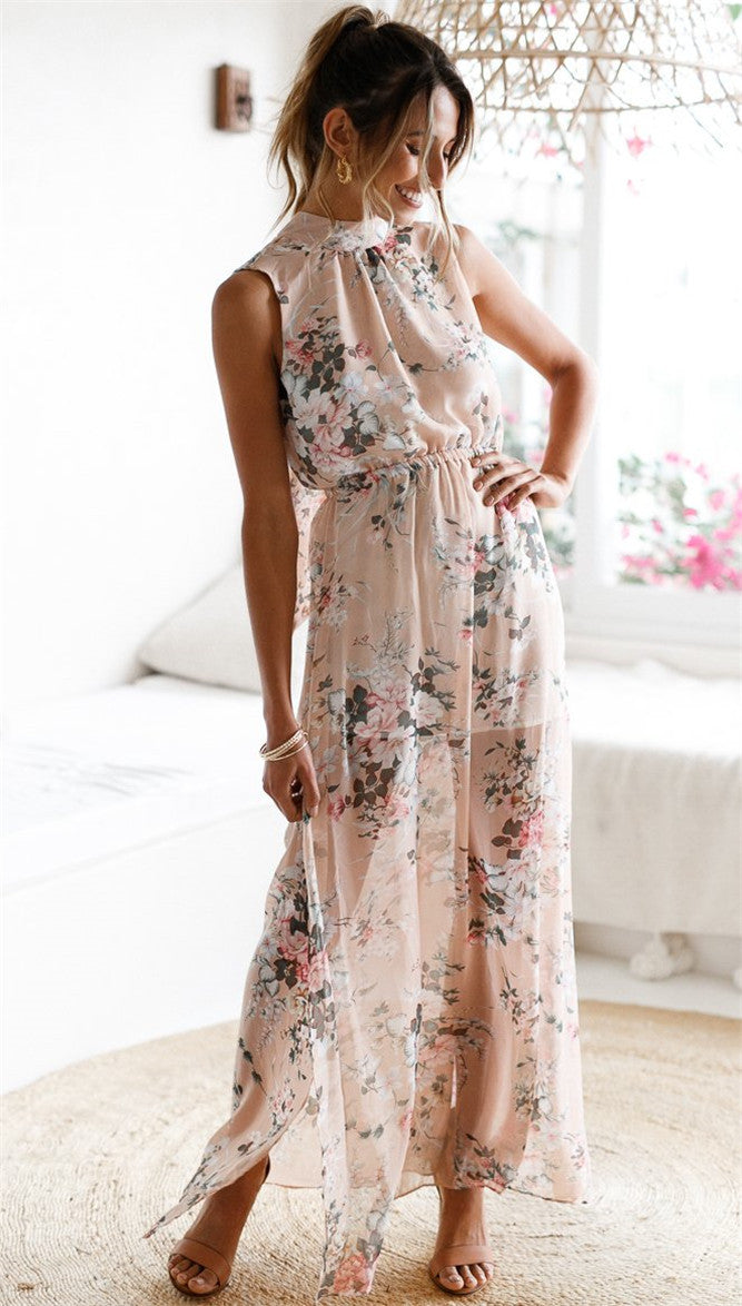 Floral Print Halter Dress In Pink Smoke
