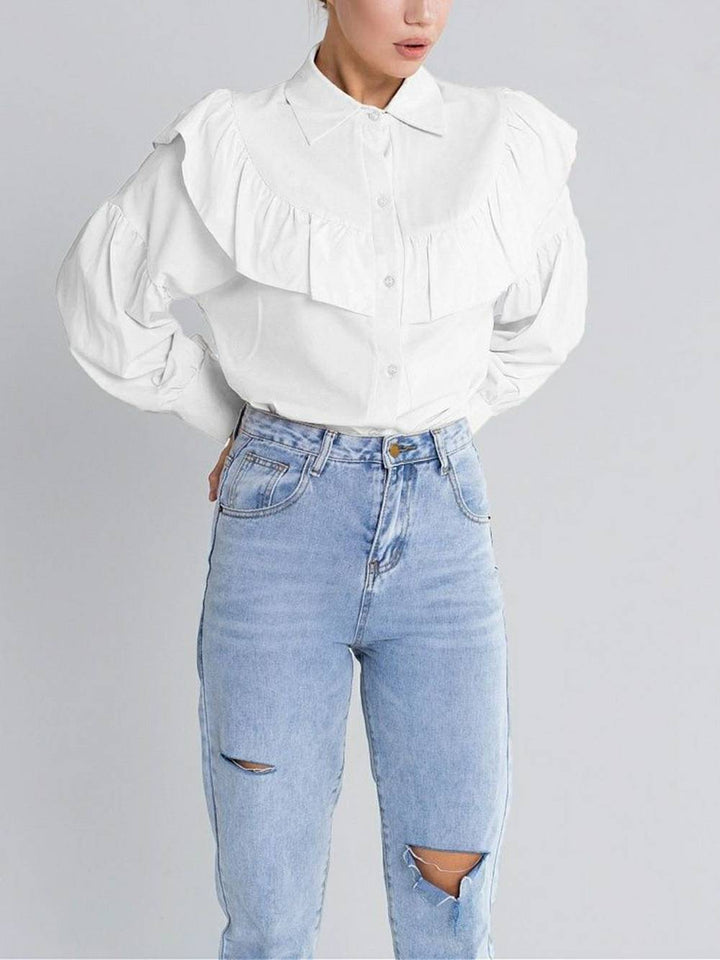 Ruffled Women Shirt Solid Slim Office Lady Frill Shirt