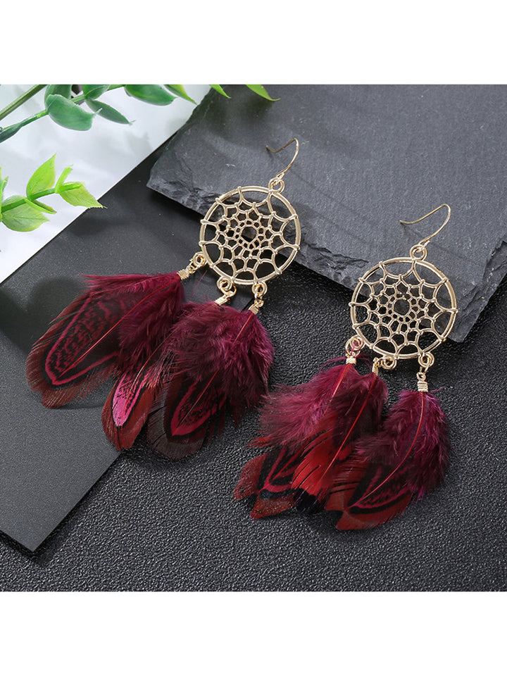 Boho Earrings - Dream Catcher Tribal Feather