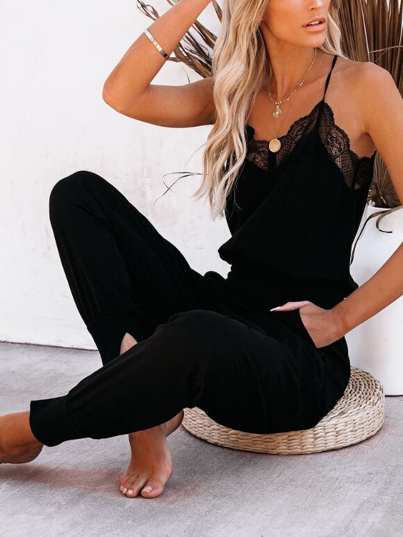 Tencel Pocketed Lace Cami Jumpsuit - Blak
