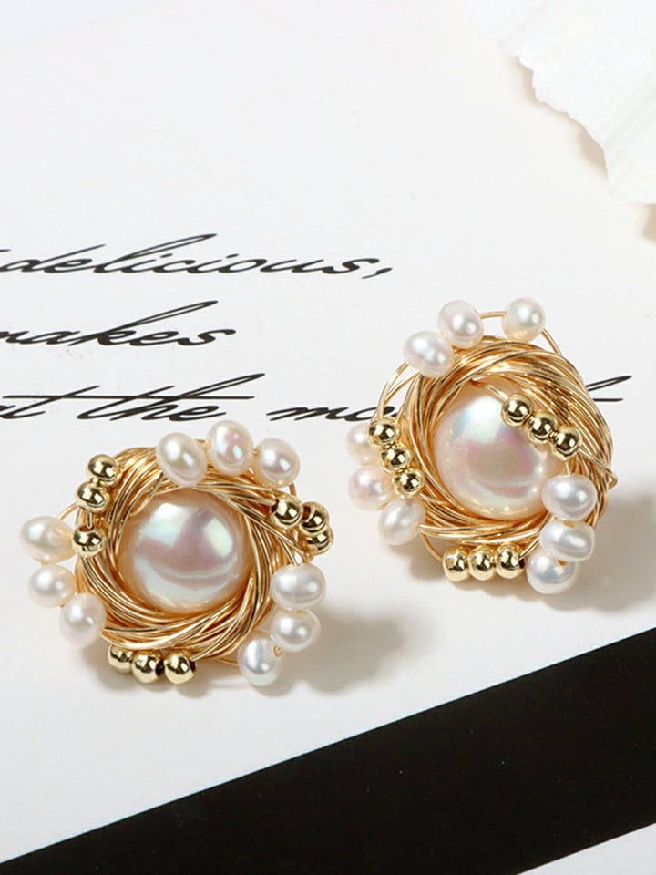 Vintage Handcrafted Bird's Nest Design Natural Pearl Earrings