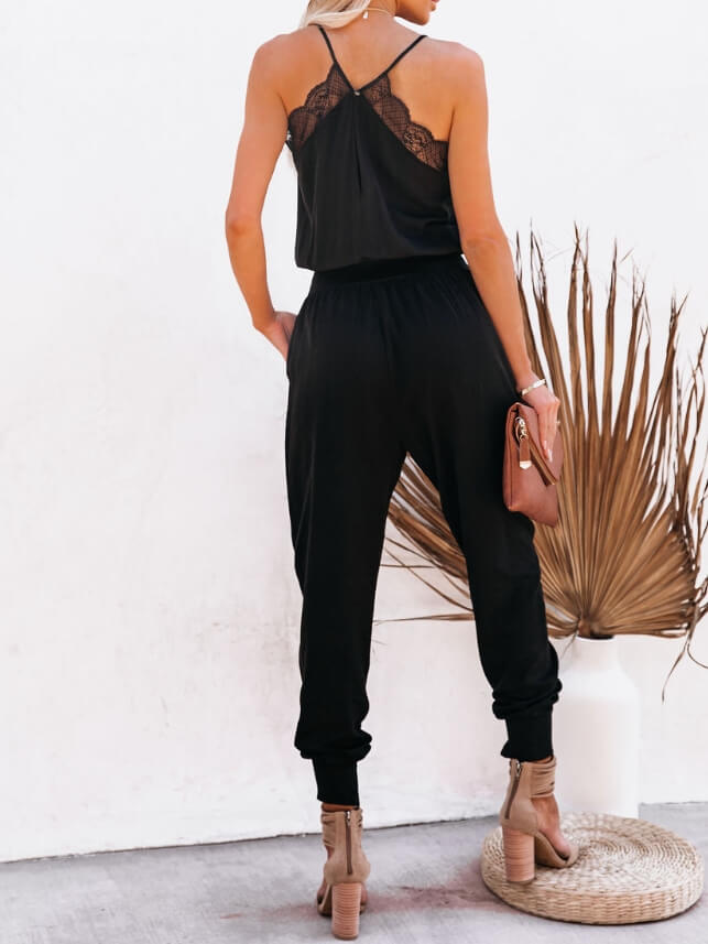Tencel Pocketed Lace Cami Jumpsuit - Blak