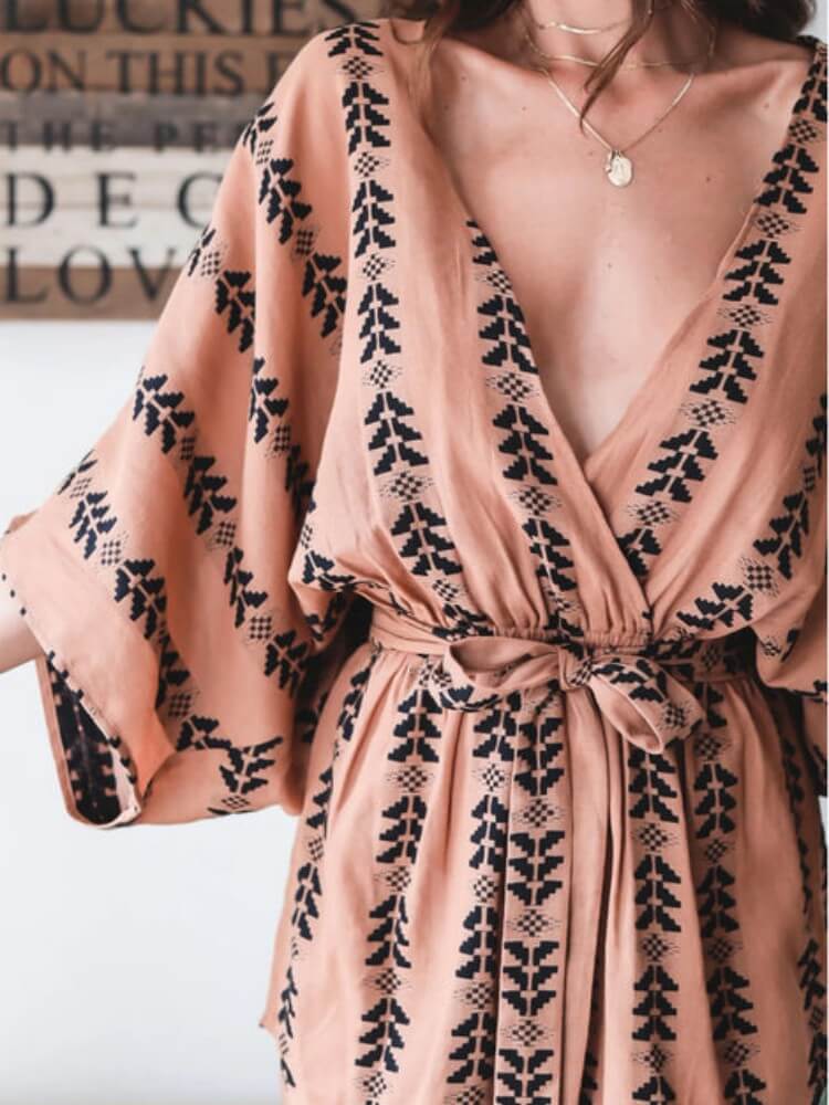 Tied Waist Printed Romper Mocha Tribal Wrap Playsuit