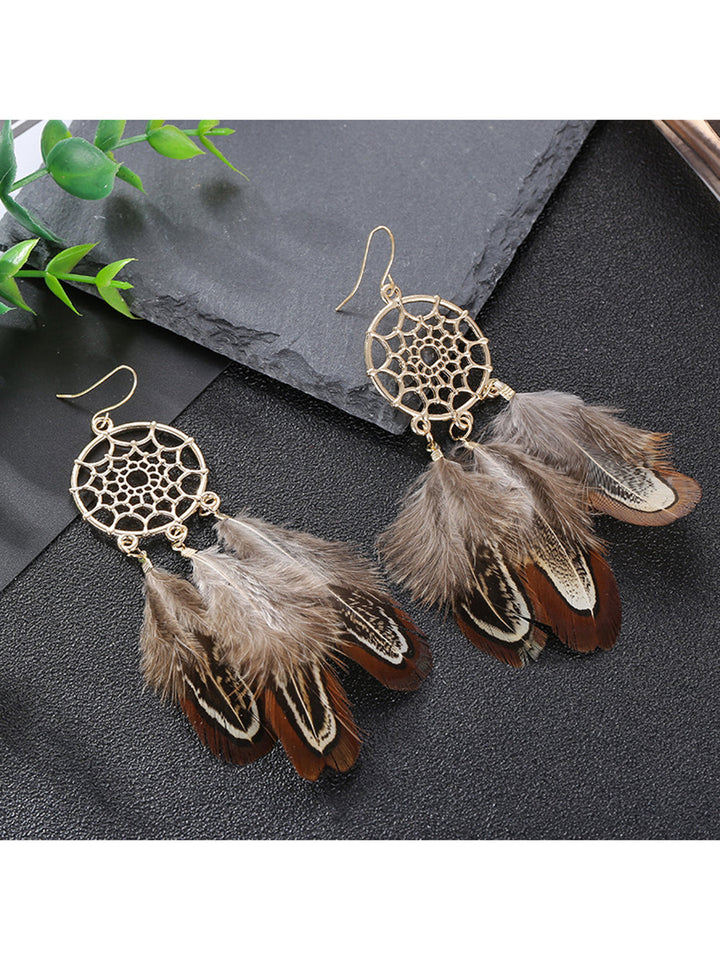 Boho Earrings - Dream Catcher Tribal Feather