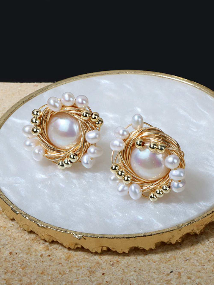Vintage Handcrafted Bird's Nest Design Natural Pearl Earrings