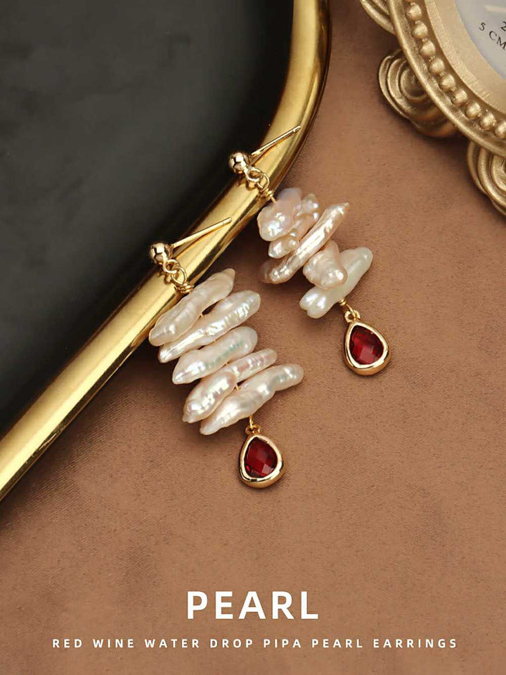 Red Wine Water Drop Pipa Pearl Earrings