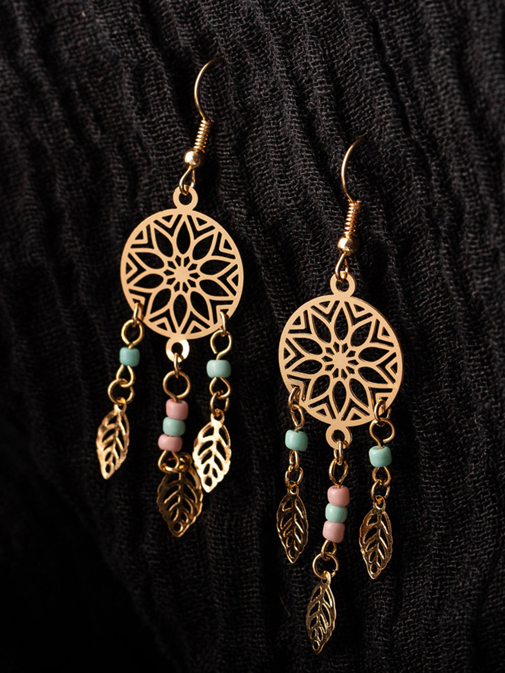 Boho Earrings - Floral Circle Beaded Tassel Leaves