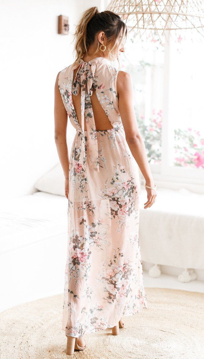 Floral Print Halter Dress In Pink Smoke