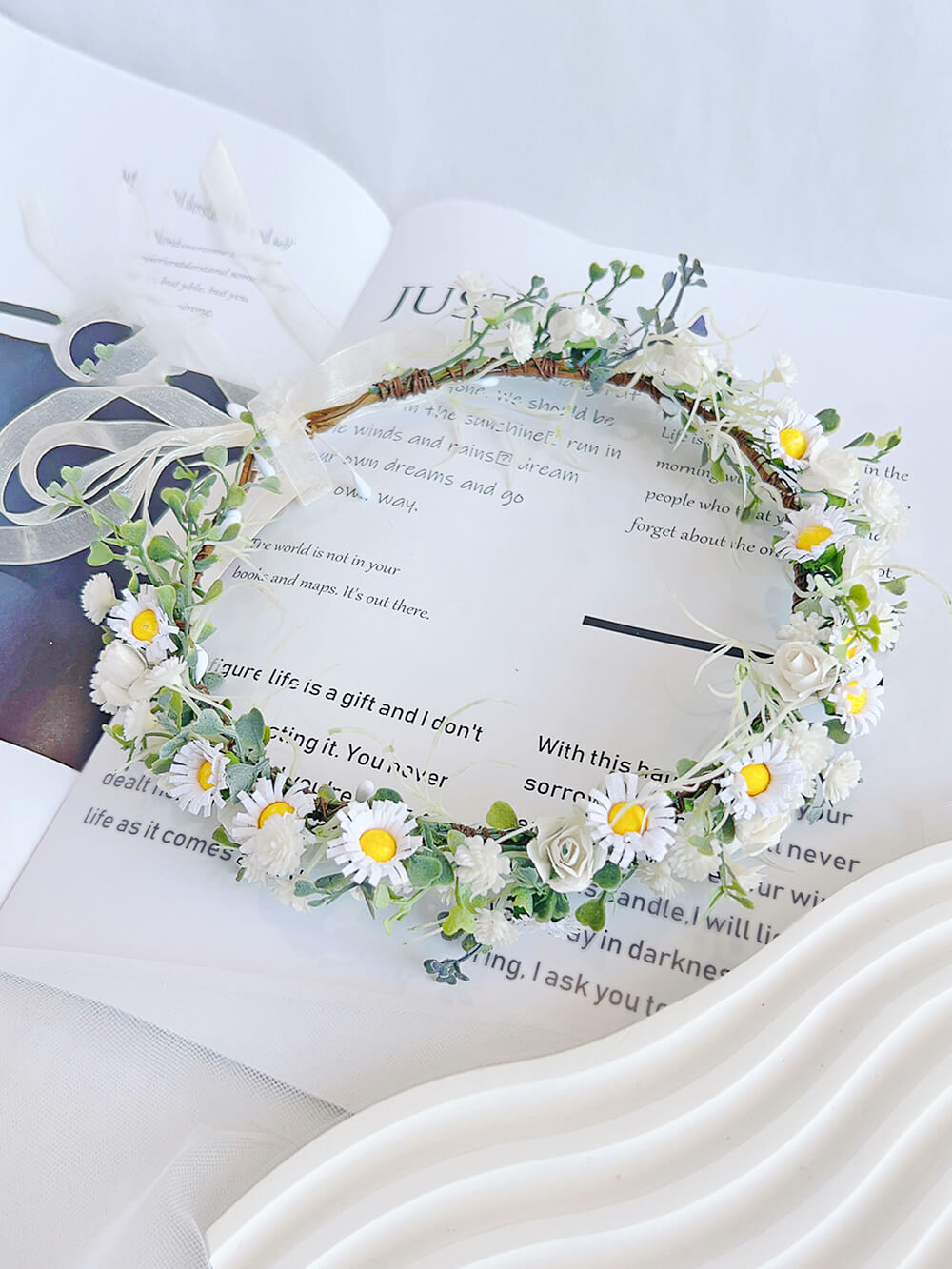 Bridal Flower Crown - Small White Daisy Eucalyptus Leaves