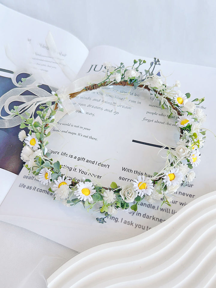 Bridal Flower Crown - Small White Daisy Eucalyptus Leaves