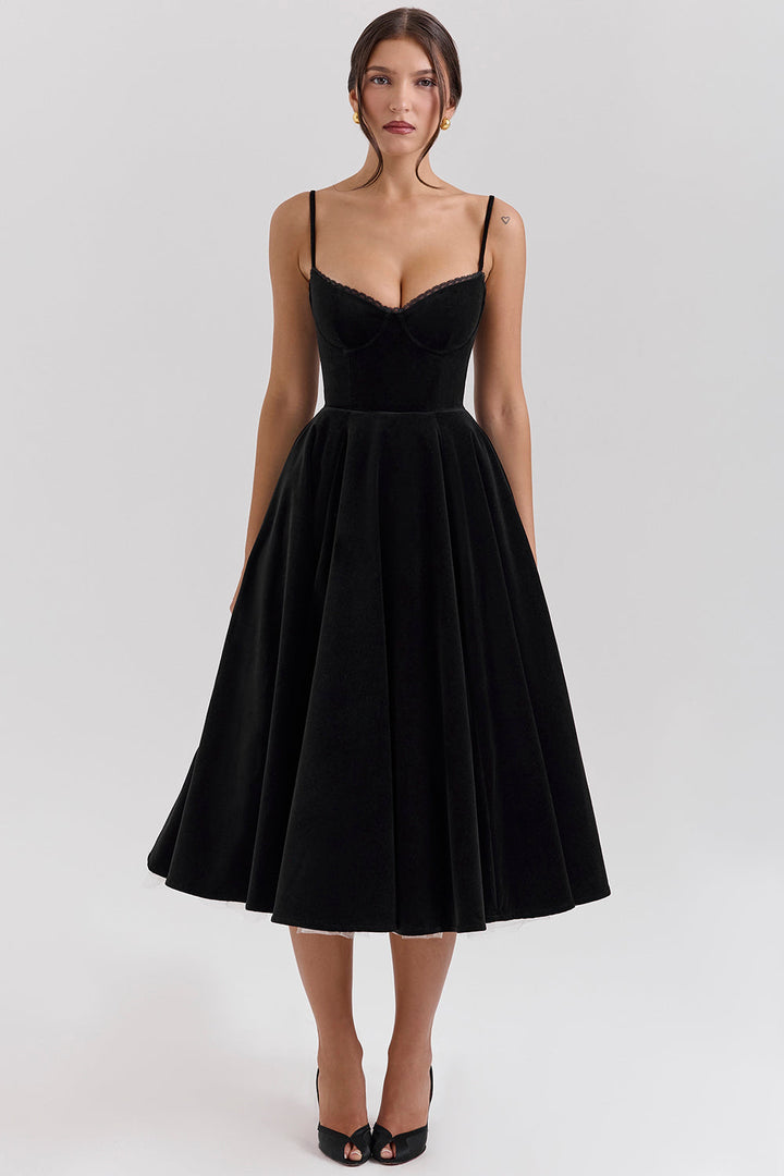 Black Velvet Tulle Midi Dress