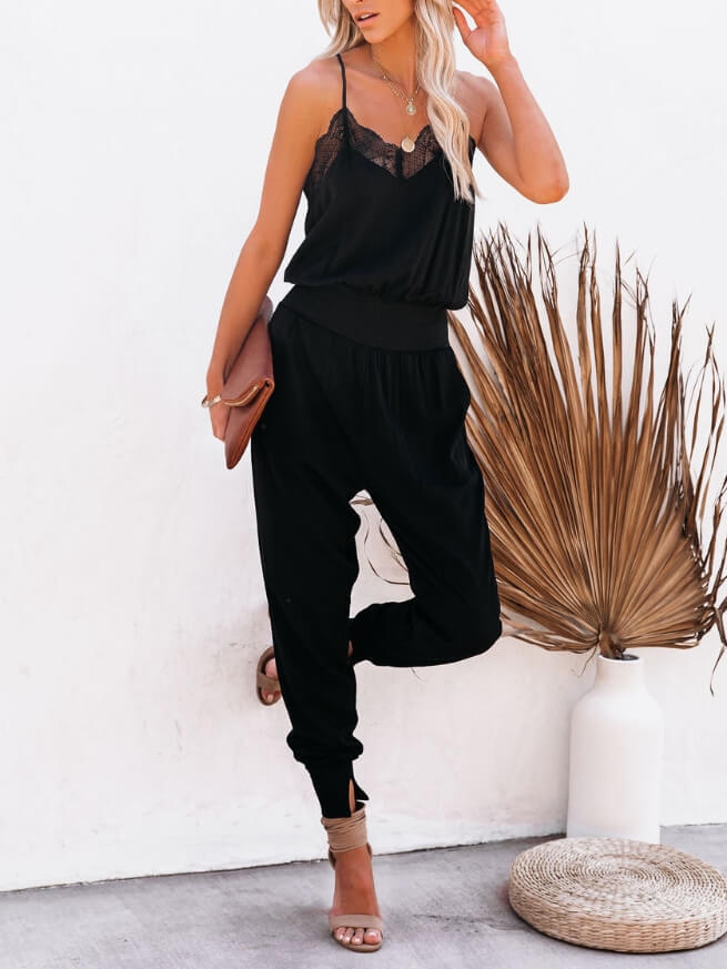Tencel Pocketed Lace Cami Jumpsuit - Blak