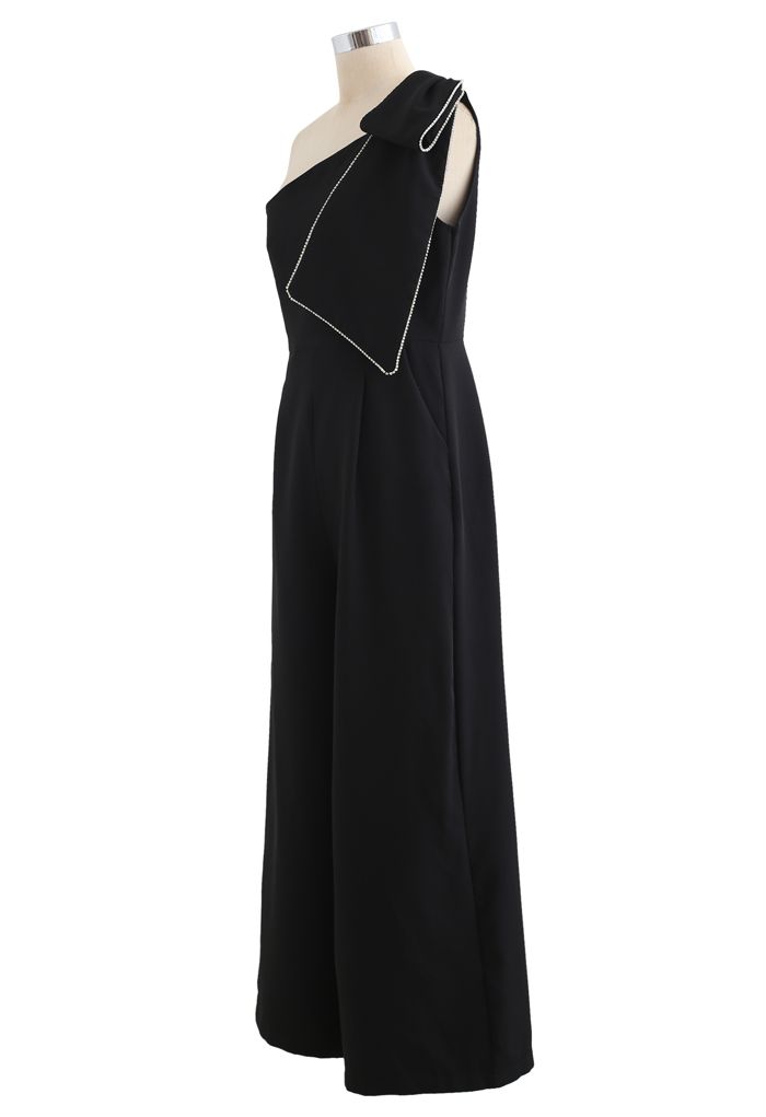 Bow Strap Oblique One-Shoulder Jumpsuit