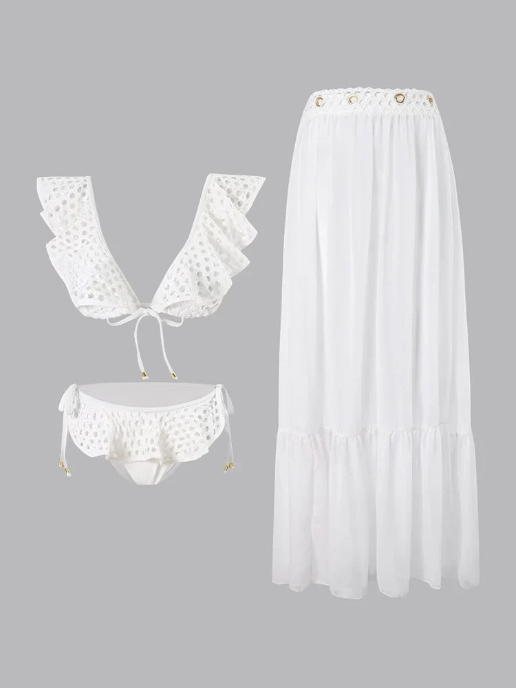 White Fishnet Ruffle Swimsuit Set