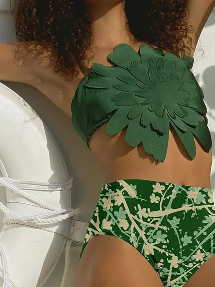 Floral Accent Green Printed Bikini Set