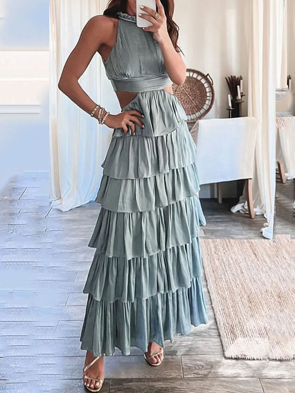Ruched Cake Maxi Dress In Light Olive