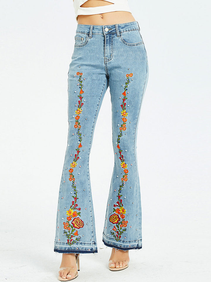 Embroidered Denim Wide-Leg Jeans