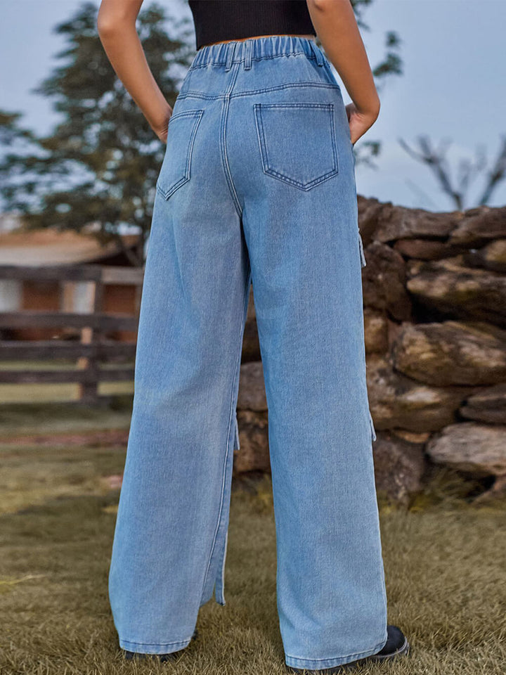Washed Ribbon Denim Cargo Jeans