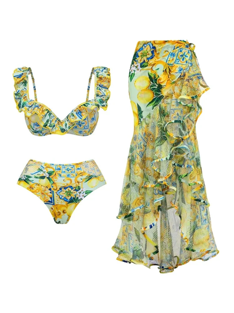 Lemon Print Ruffle Bikini Set