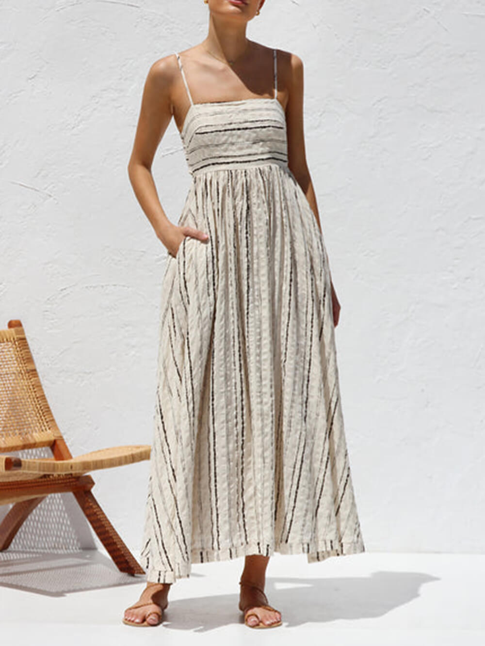 Elastic Shirring Back Beige And Black Print Maxi Dress