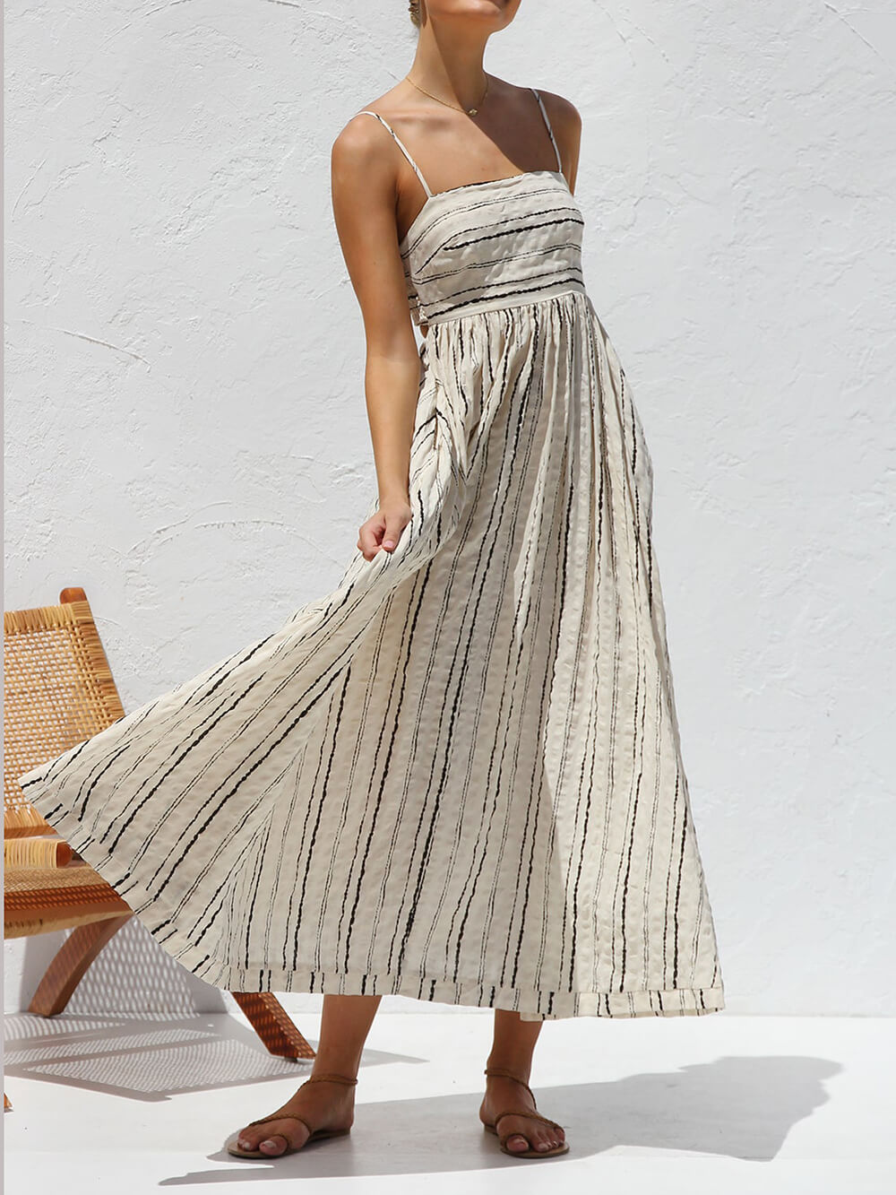 Elastic Shirring Back Beige And Black Print Maxi Dress
