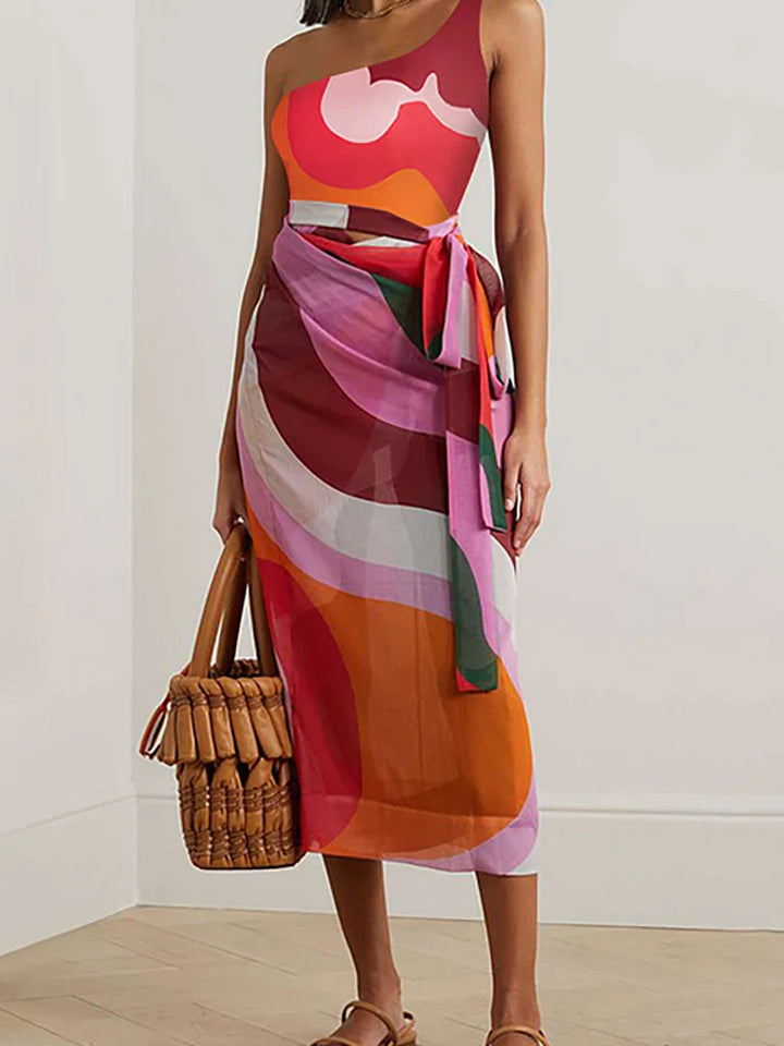 Geometric Print One Piece Swimsuit Set