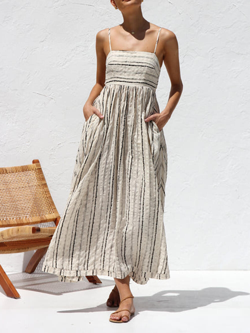Elastic Shirring Back Beige And Black Print Maxi Dress