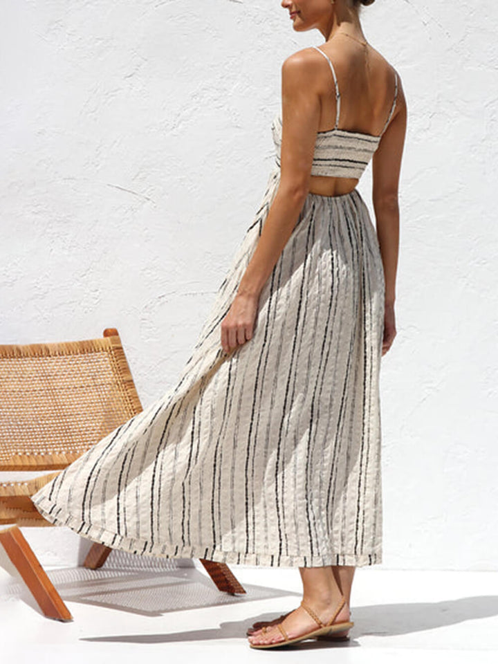 Elastic Shirring Back Beige And Black Print Maxi Dress