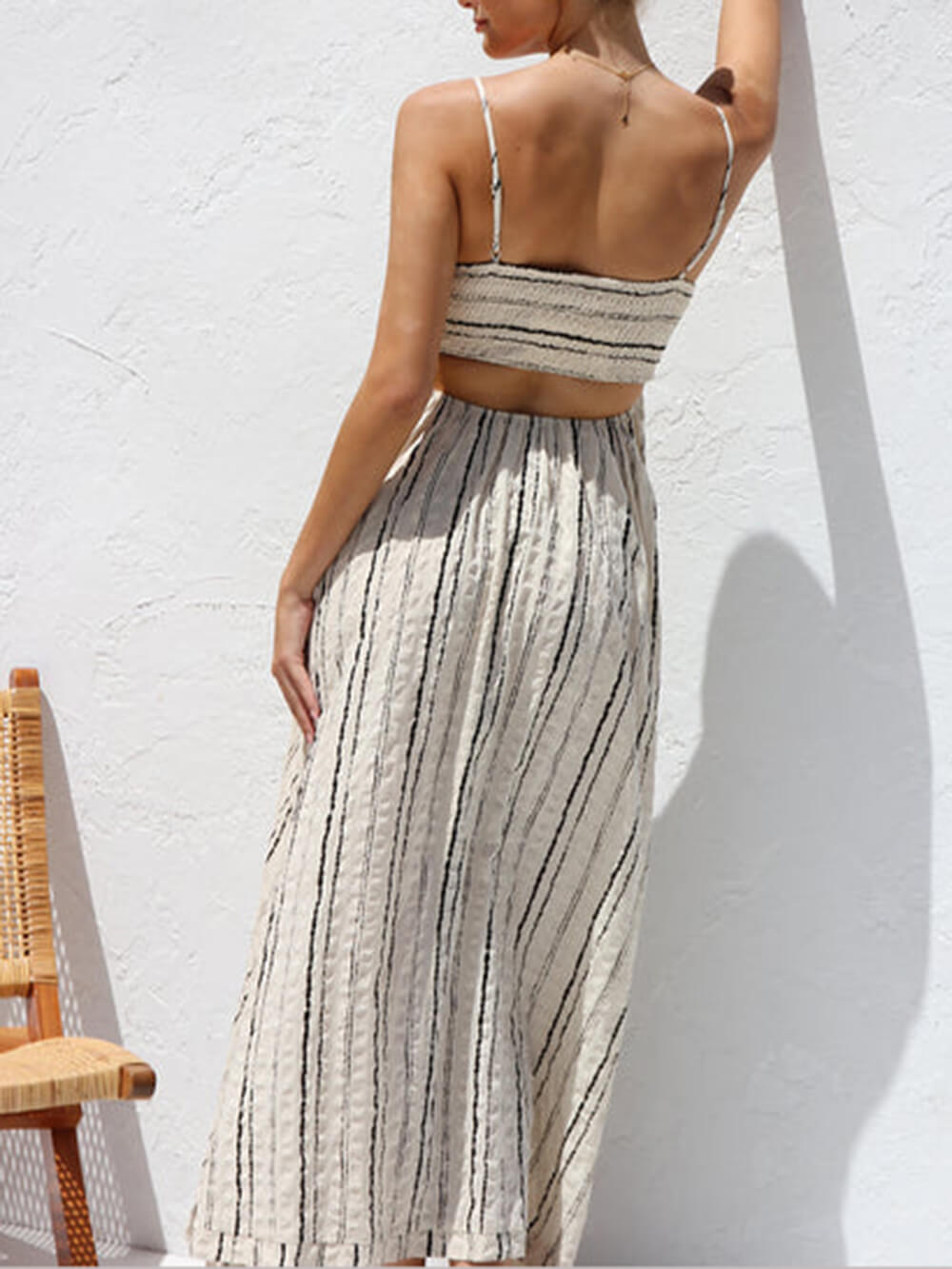 Elastic Shirring Back Beige And Black Print Maxi Dress