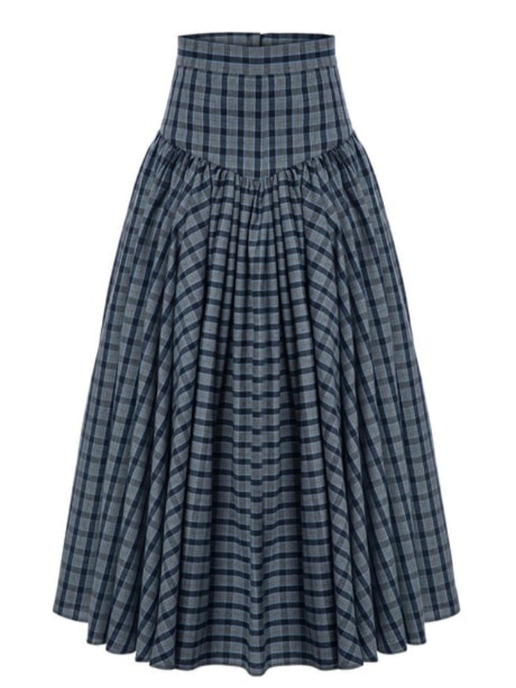 Navy Plaid High-Waist A-Line Skirt