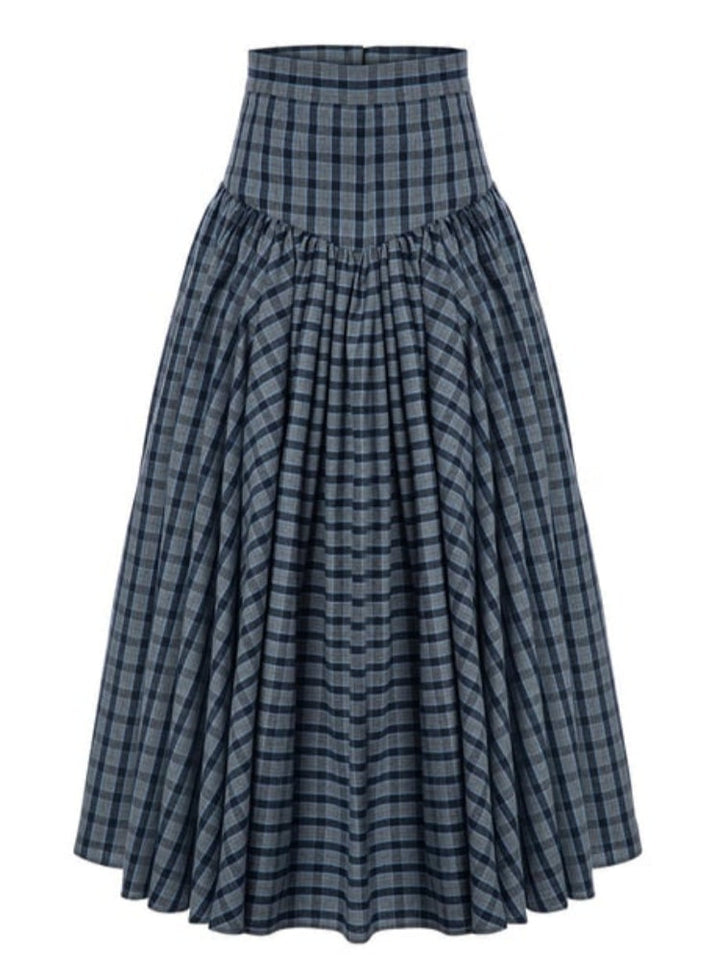 Navy Plaid High-Waist A-Line Skirt