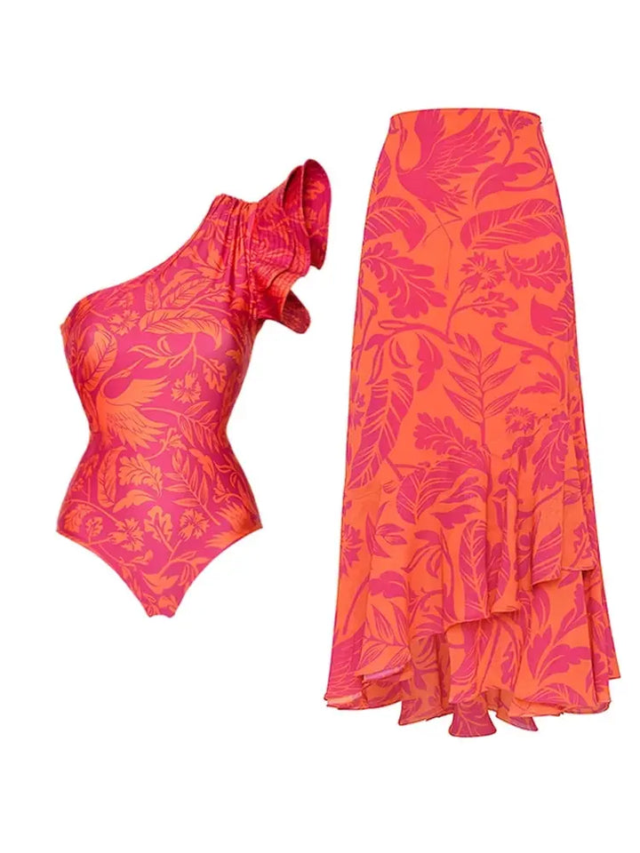 One Shoulder Ruffle Print One Piece Swimsuit Set