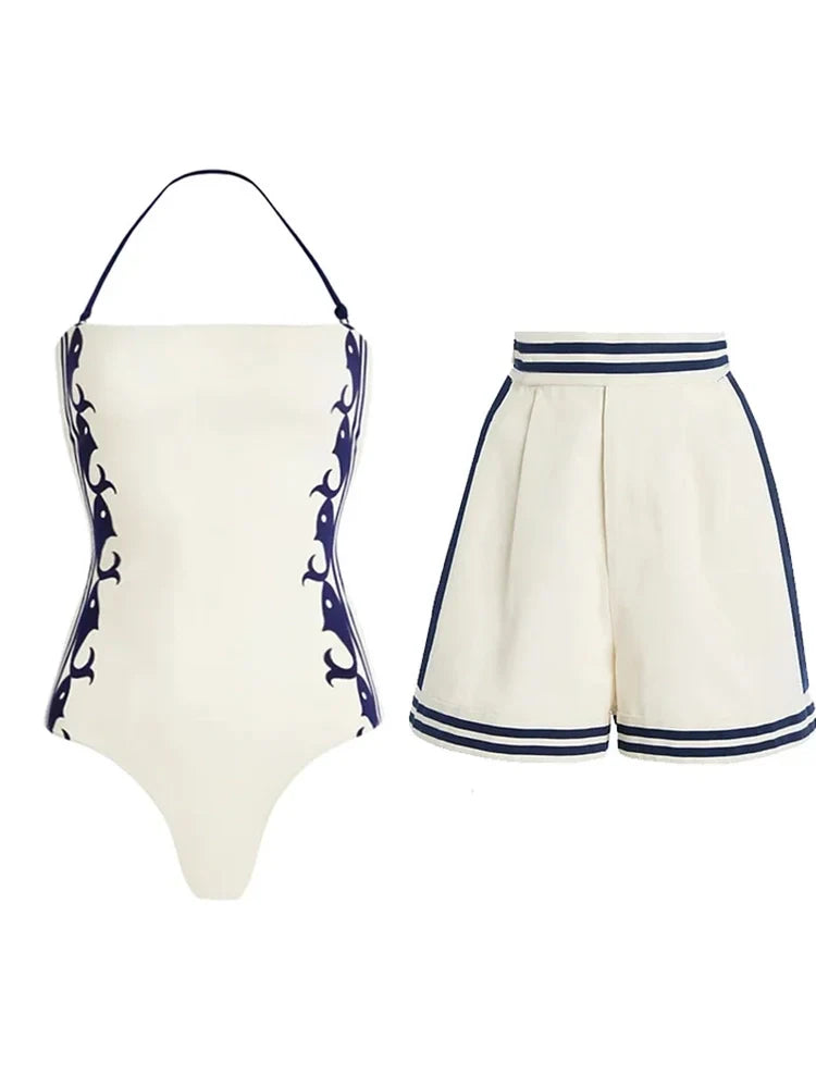 Navy Style One-Piece Swimsuit Set