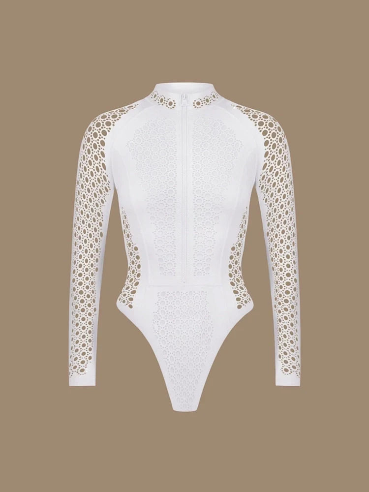 White Mesh Zipper Rash Guard Swimsuit