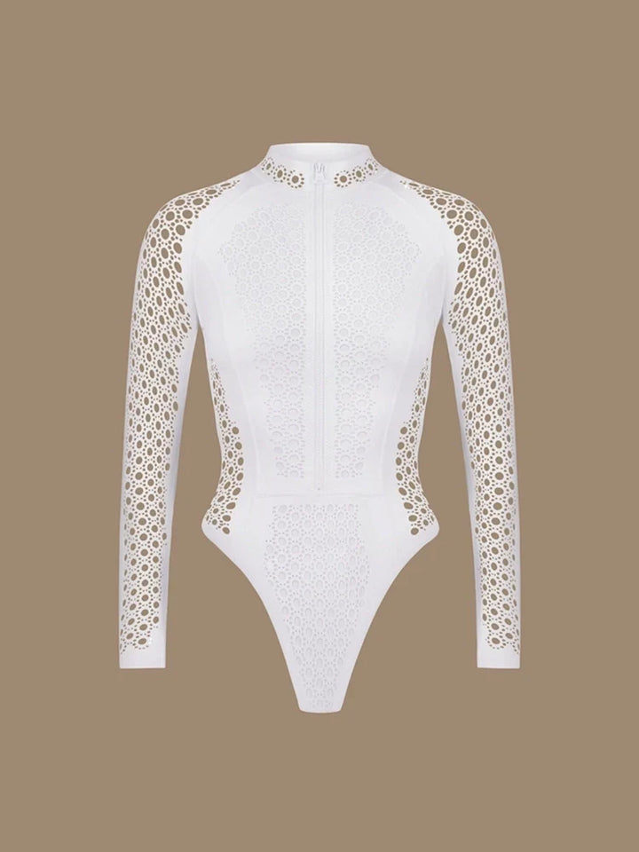 White Mesh Zipper Rash Guard Swimsuit