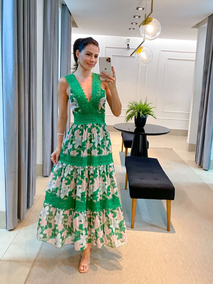 Lace Trim Pixel Floral Maxi Dresses