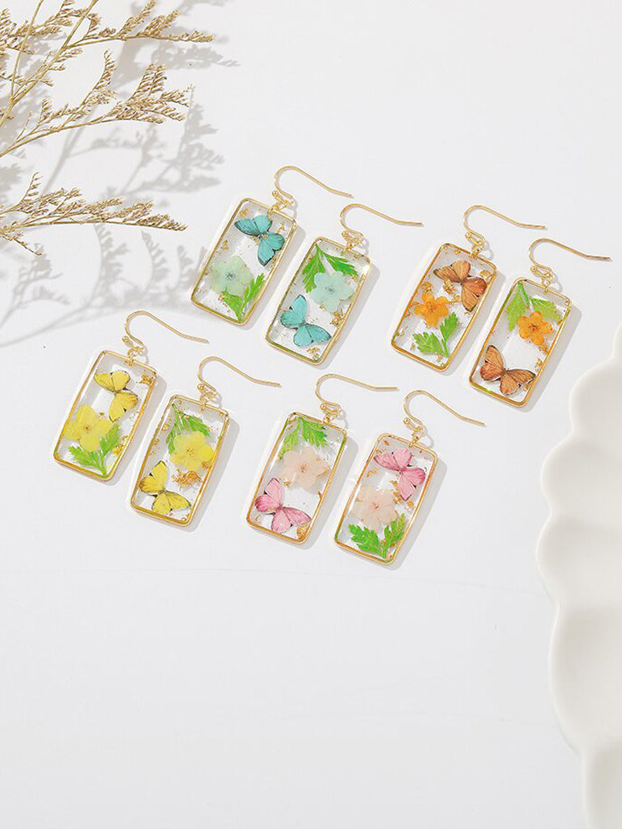 Resin Pressed Flower Earrings - Rectangular Butterfly & Forget Me Not