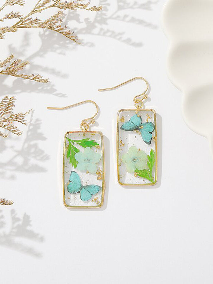 Resin Pressed Flower Earrings - Rectangular Butterfly & Forget Me Not